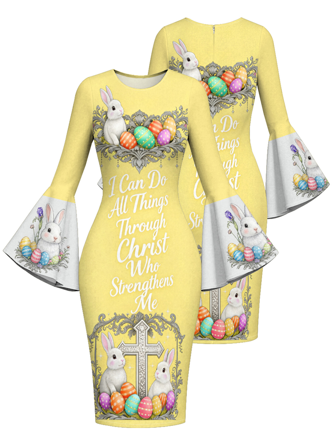 Sunny Yellow Easter Bunny Cross Easter Flare Sleeve Bodycon Midi Dress