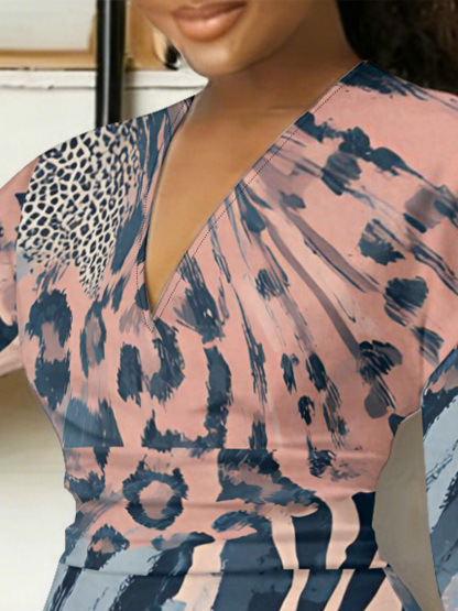 Pink Blue Abstract Animal V-Neck Bodycon Midi Dress XWV864