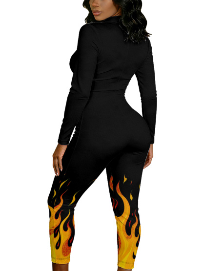 Black & Flame Long Sleeve Zip-Up Jumpsuit 