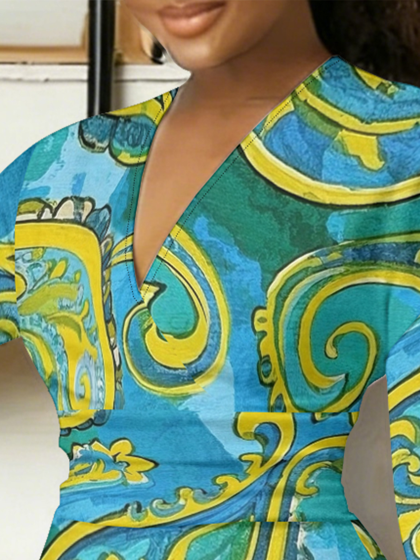 Teal & Yellow Paisley V-Neck Bodycon Midi Dress