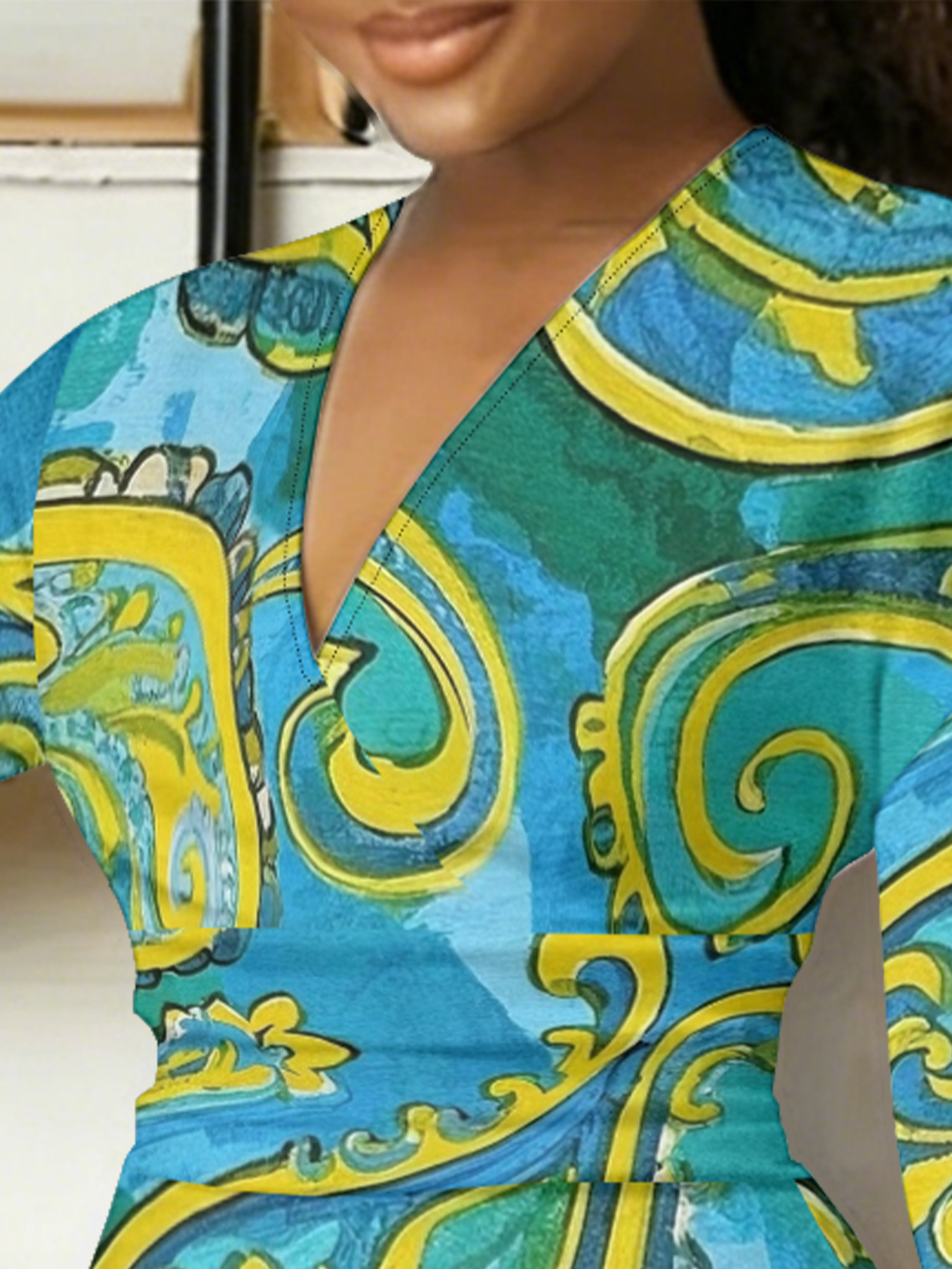 Teal & Yellow Paisley V-Neck Bodycon Midi Dress