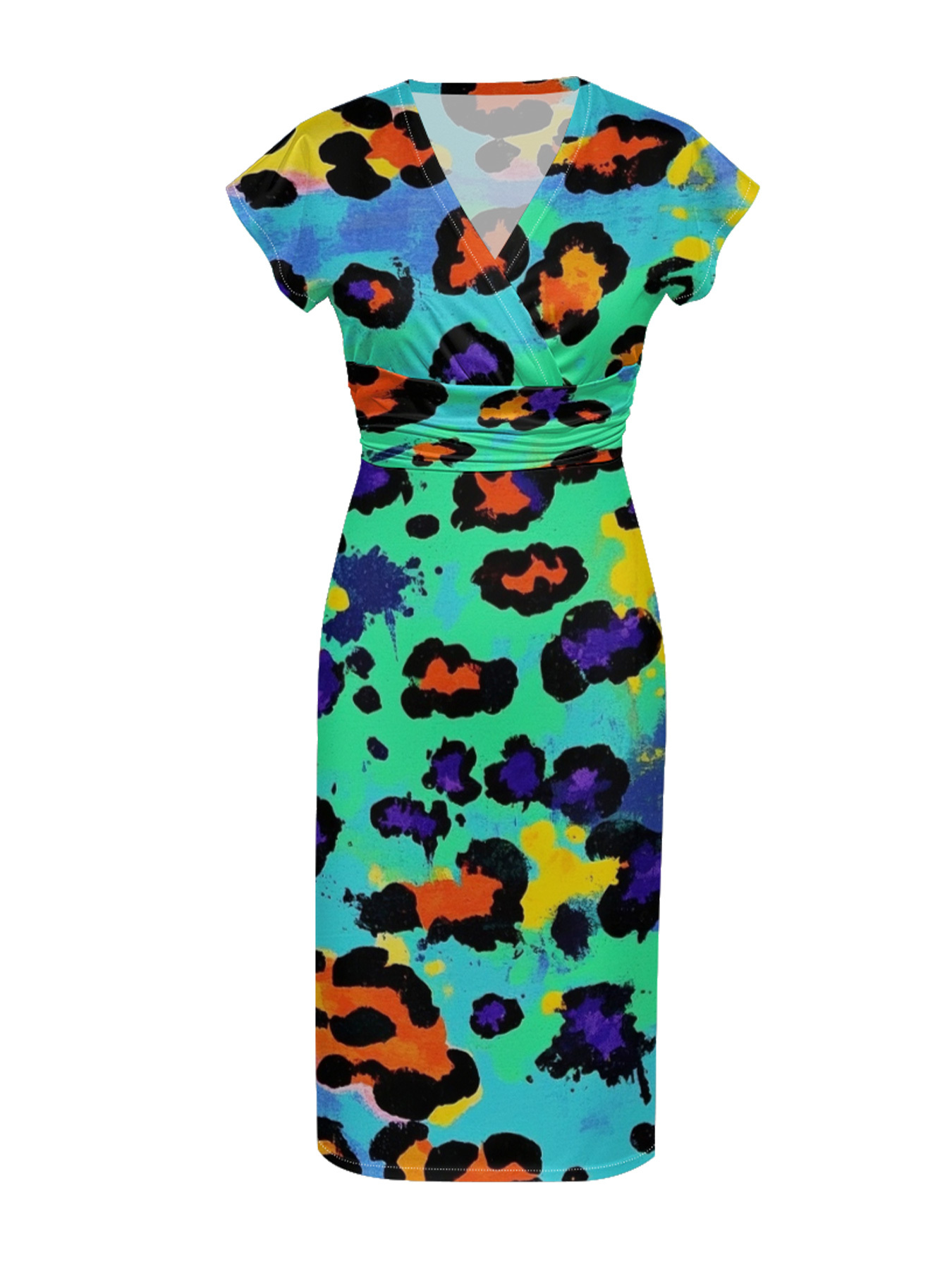 Mint Multicolor Watercolor Cap Sleeve V-Neck Midi Dress IUYU812