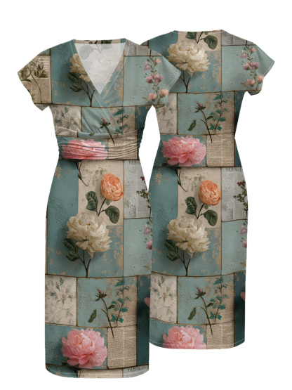 Vintage Blue Floral Newspaper Cap Sleeve V-Neck Midi Dress IUOP081