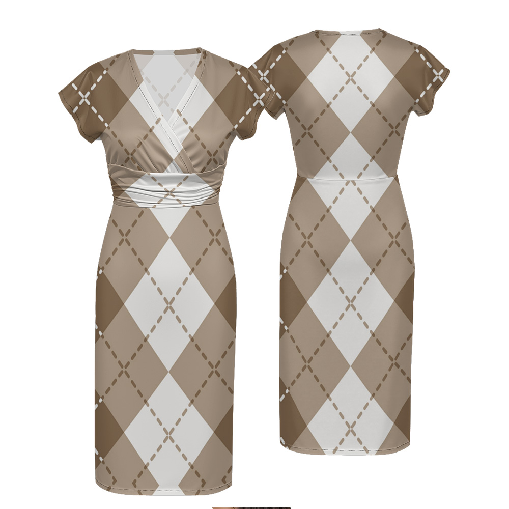 Beige & White Argyle Cap Sleeve V-Neck Midi Dress ZYT918