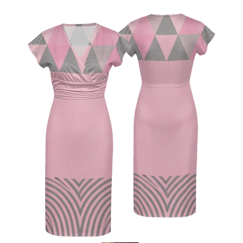 Pink & Gray Geometric Cap Sleeve V-Neck Midi Dress WUT784
