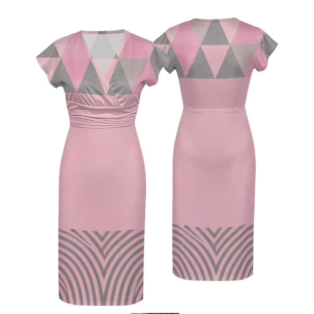 Pink & Gray Geometric Cap Sleeve V-Neck Midi Dress WUT784