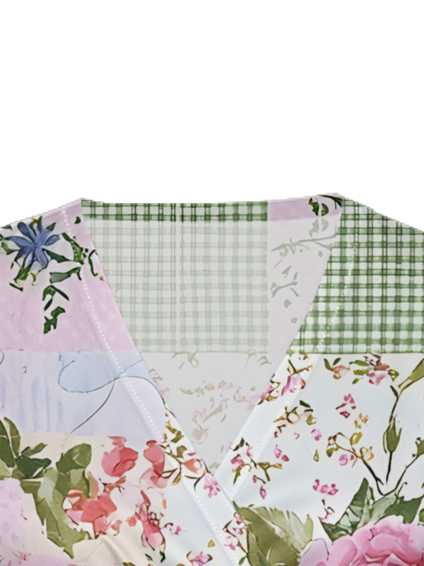 Pastel Floral & Gingham Patchwork Cap Sleeve V-Neck Midi Dress IUO0112