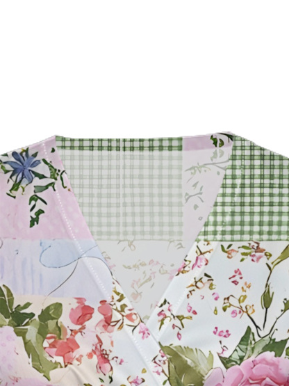 Pastel Floral & Gingham Patchwork Cap Sleeve V-Neck Midi Dress IUO0112