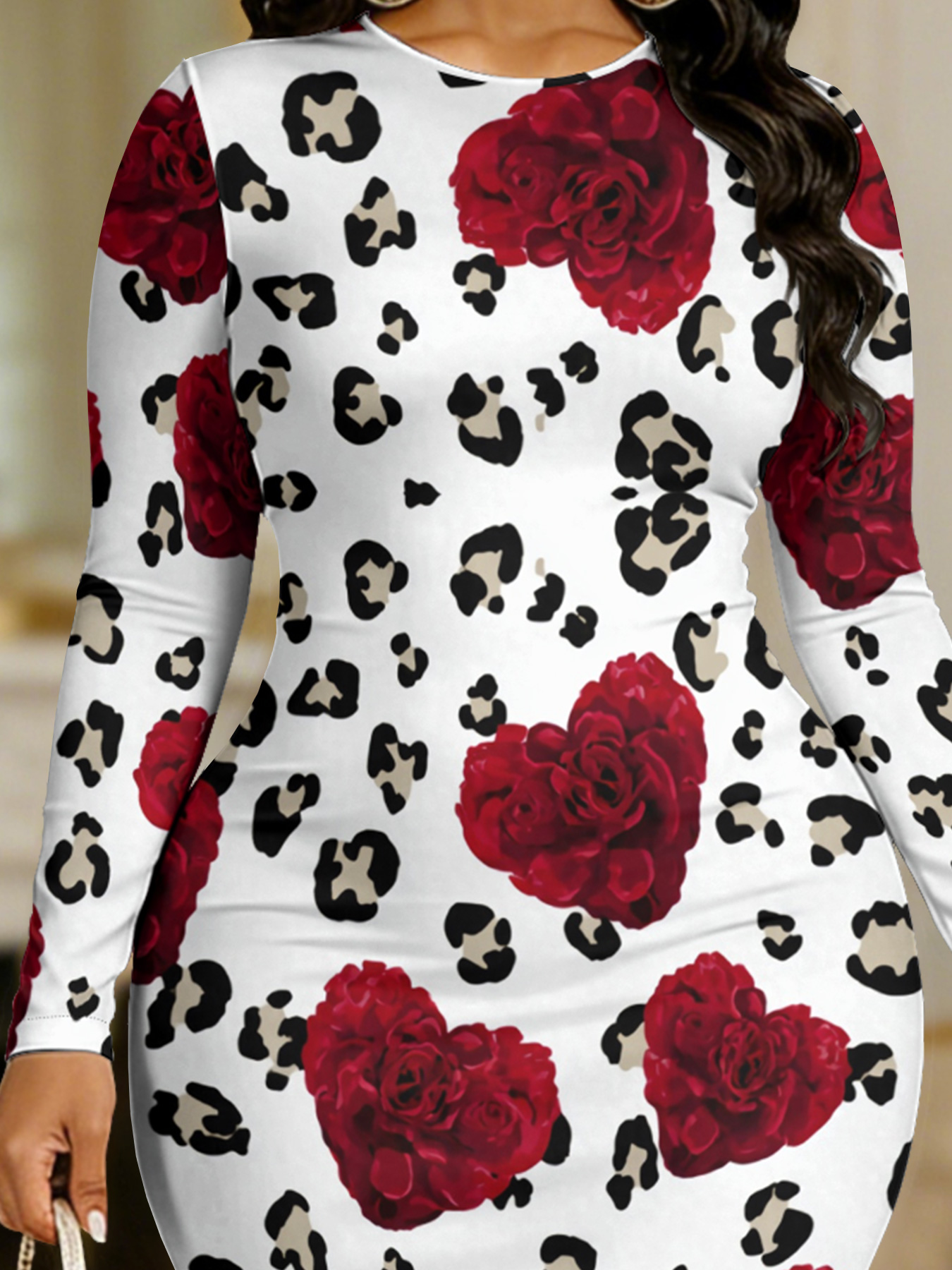 Red Heart Rose Leopard Round Sleeve Neck Long Bodycon Dress