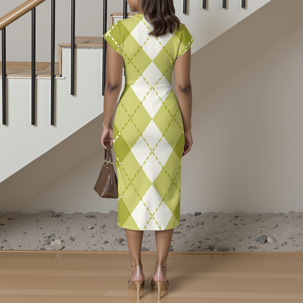 Green & White Argyle Cap Sleeve V-Neck Midi Dress XWS807