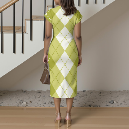 Green & White Argyle Cap Sleeve V-Neck Midi Dress XWS807