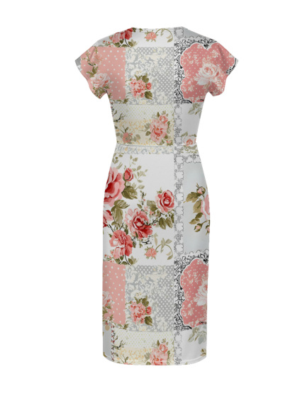 Romantic Vintage Rose Lace Patchwork Cap Sleeve V-Neck Midi Dress IUO0182