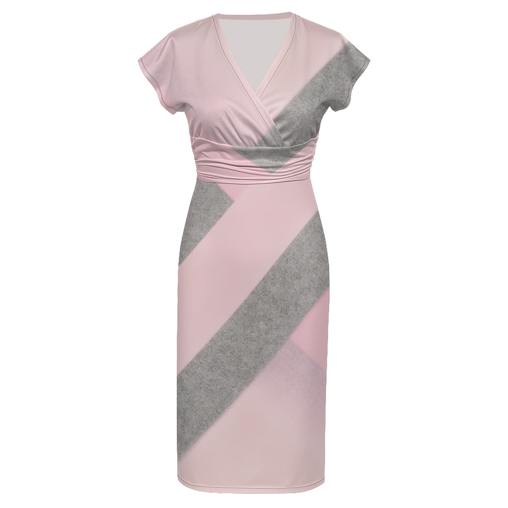 Pink & Gray Colorblock Cap Sleeve V-Neck Midi Dress ABD124