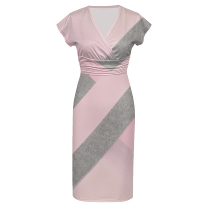 Pink & Gray Colorblock Cap Sleeve V-Neck Midi Dress ABD124