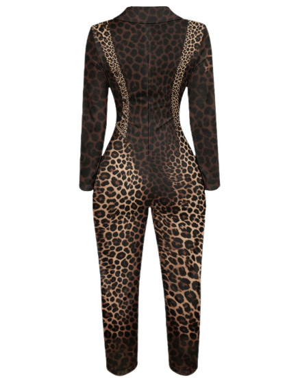 Classic Brown Leopard Long Sleeve Zip-Up Jumpsuit 