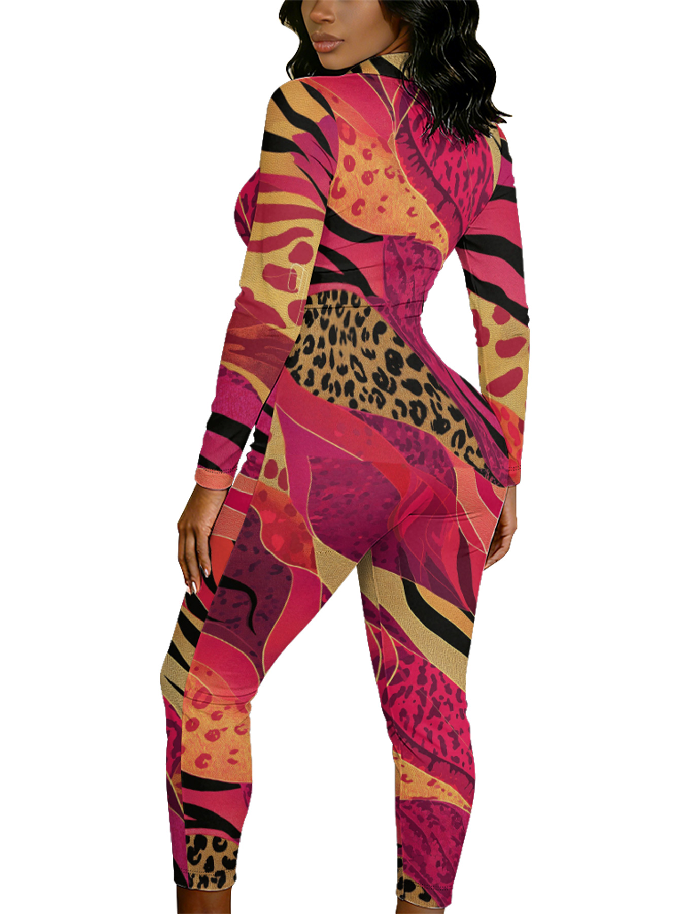 Pink & Orange Leopard Stripe Long Sleeve Zip-Up Jumpsuit 
