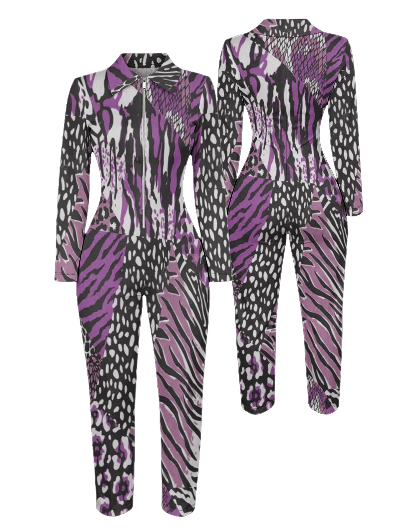 Purple Zebra & Leopard Mixed Long Sleeve Zip-Up Jumpsuit 