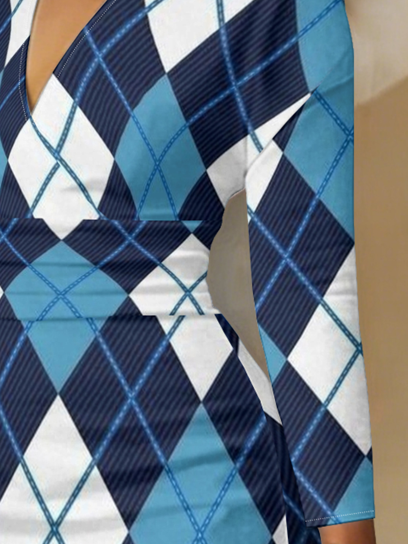 Blue Argyle V-Neck Bodycon Midi Dress