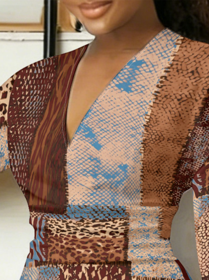 Patchwork Animal V-Neck Bodycon Midi Dress KMQ3719