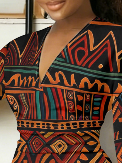 African Tribal V-Neck Bodycon Midi Dress LNT1472
