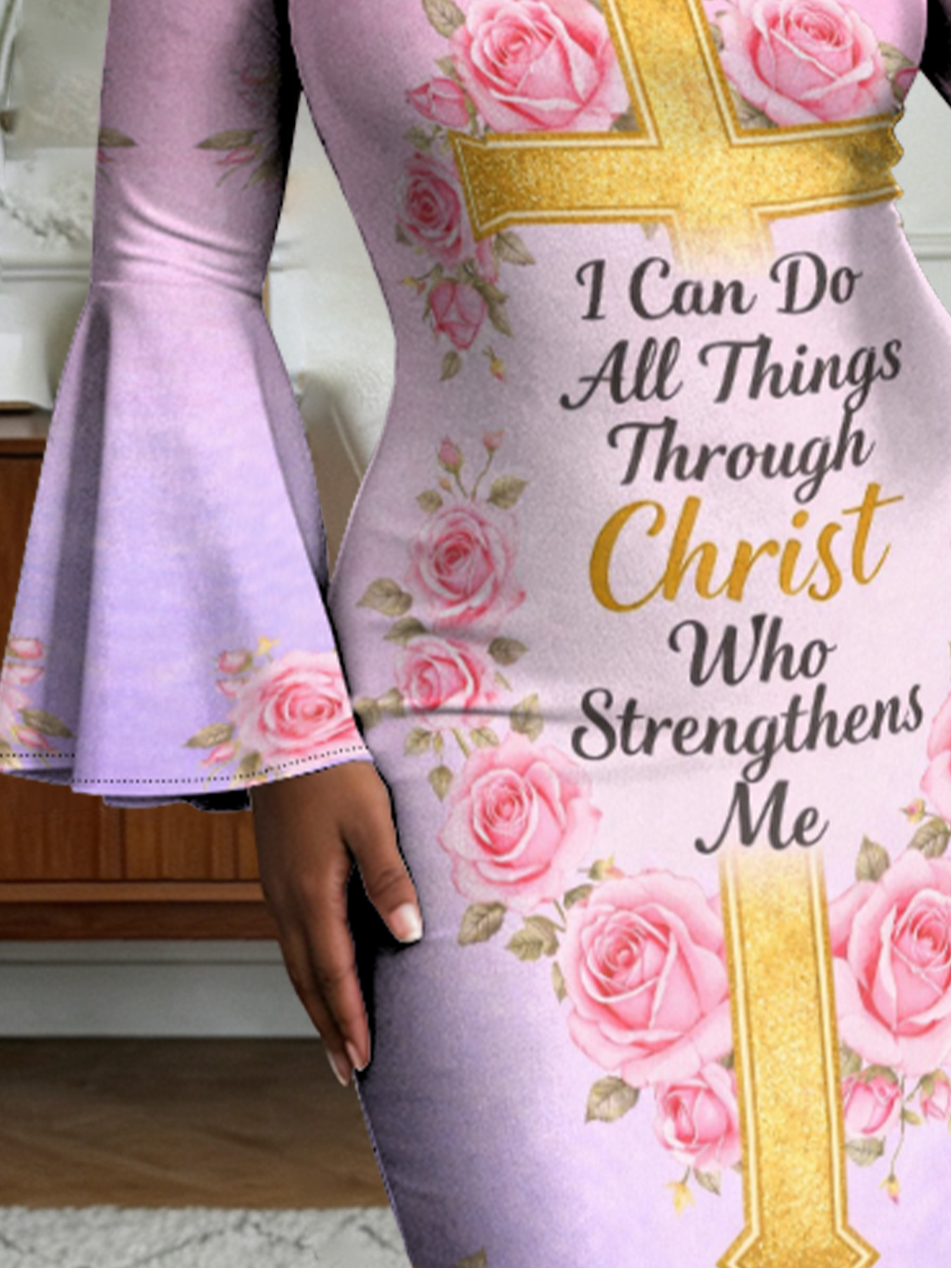 Pink Rose Gold Cross Christian Flare Sleeve Bodycon Midi Dress