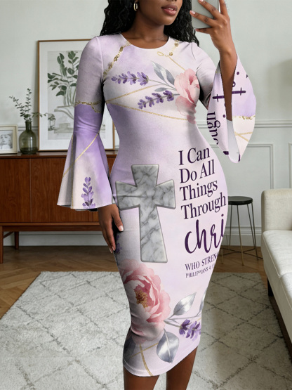 Pastel Purple Marble Cross Easter Flare Sleeve Bodycon Midi Dress