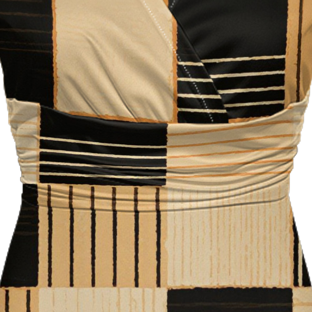 Black & Tan Geometric Patchwork Cap Sleeve V-Neck Midi Dress VTS714