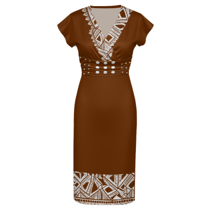 Terracotta White Tribal Cap Sleeve V-Neck Midi Dress