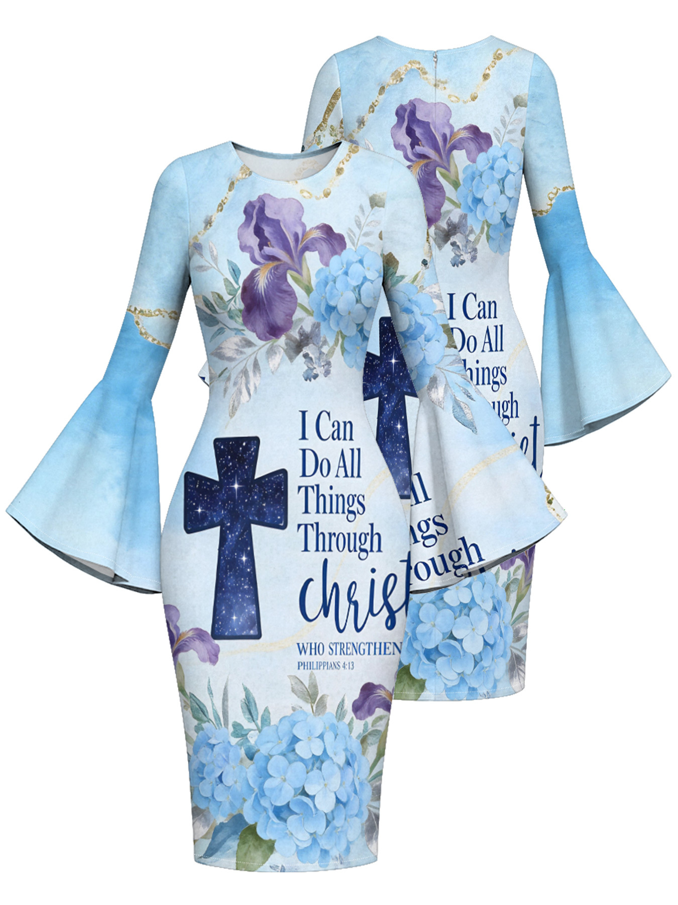 Ombre Blue Galaxy Cross Easter Flare Sleeve Bodycon Midi Dress