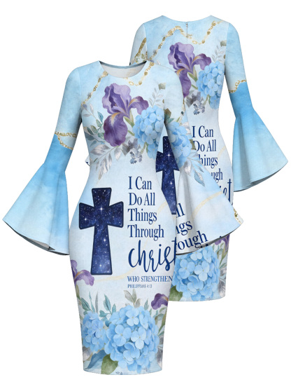 Ombre Blue Galaxy Cross Easter Flare Sleeve Bodycon Midi Dress