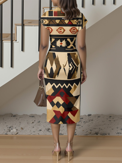 Beige-Red Tribal Cap Sleeve V-Neck Midi Dress