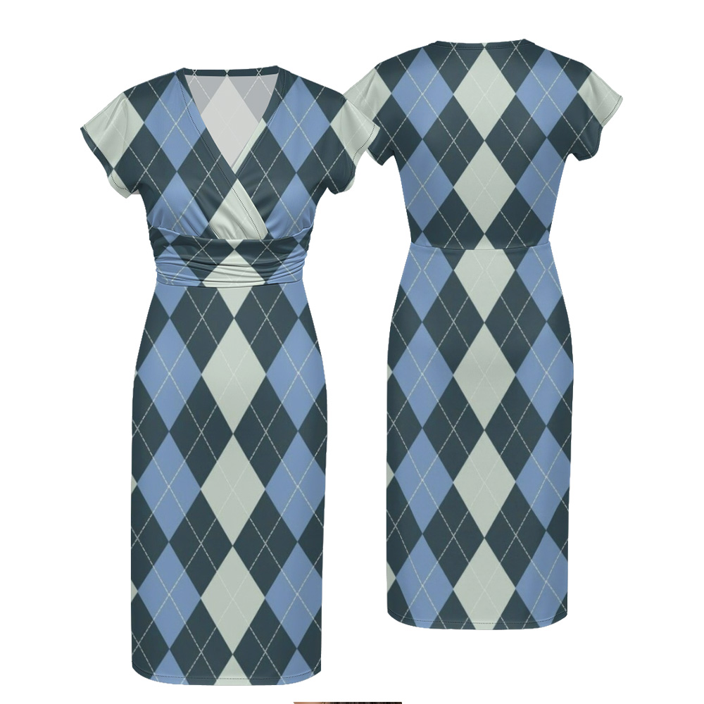 Blue & White Argyle Cap Sleeve V-Neck Midi Dress VUS705