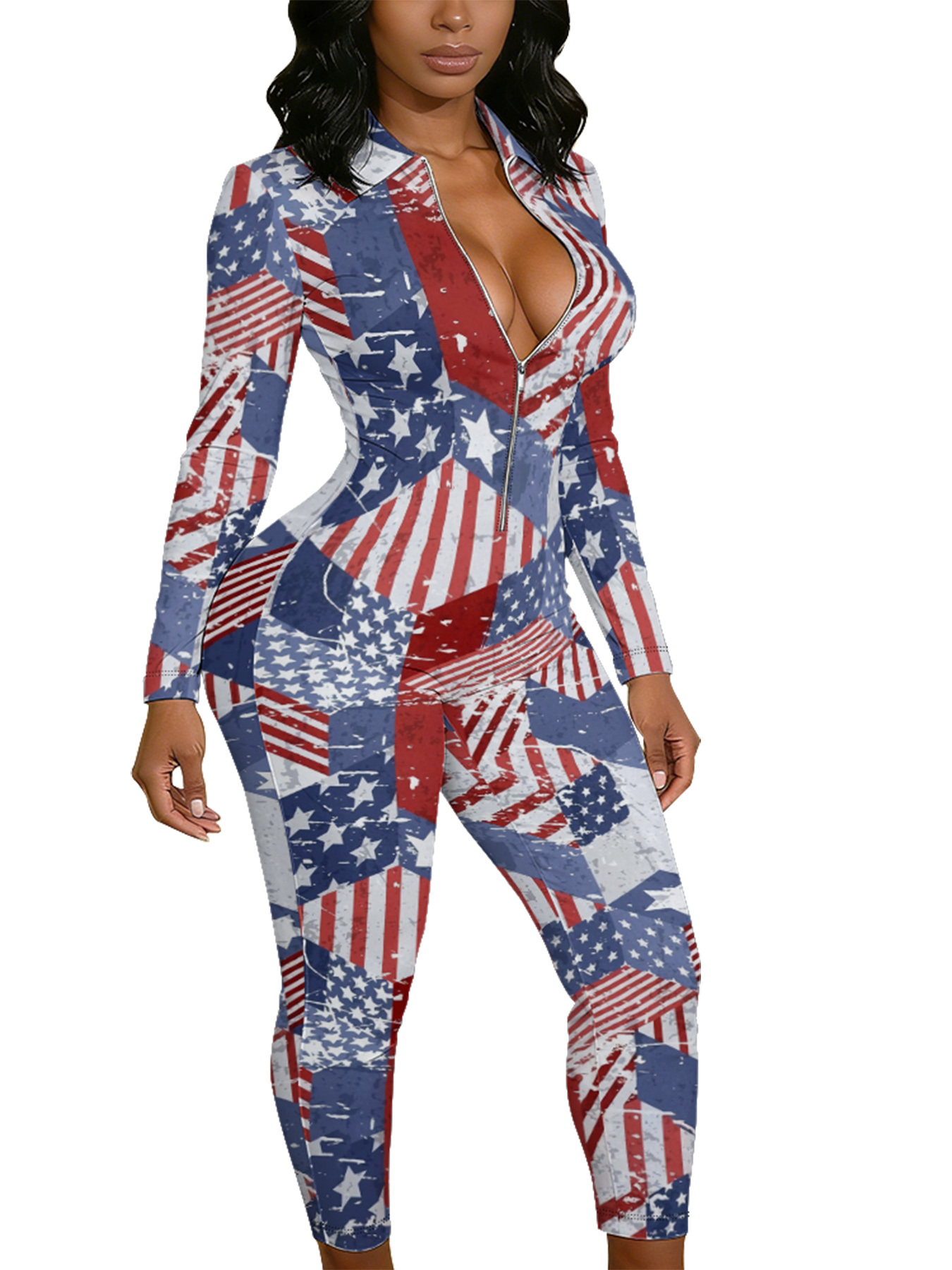 Vintage American Flag Long Sleeve Zip-Up Jumpsuit 