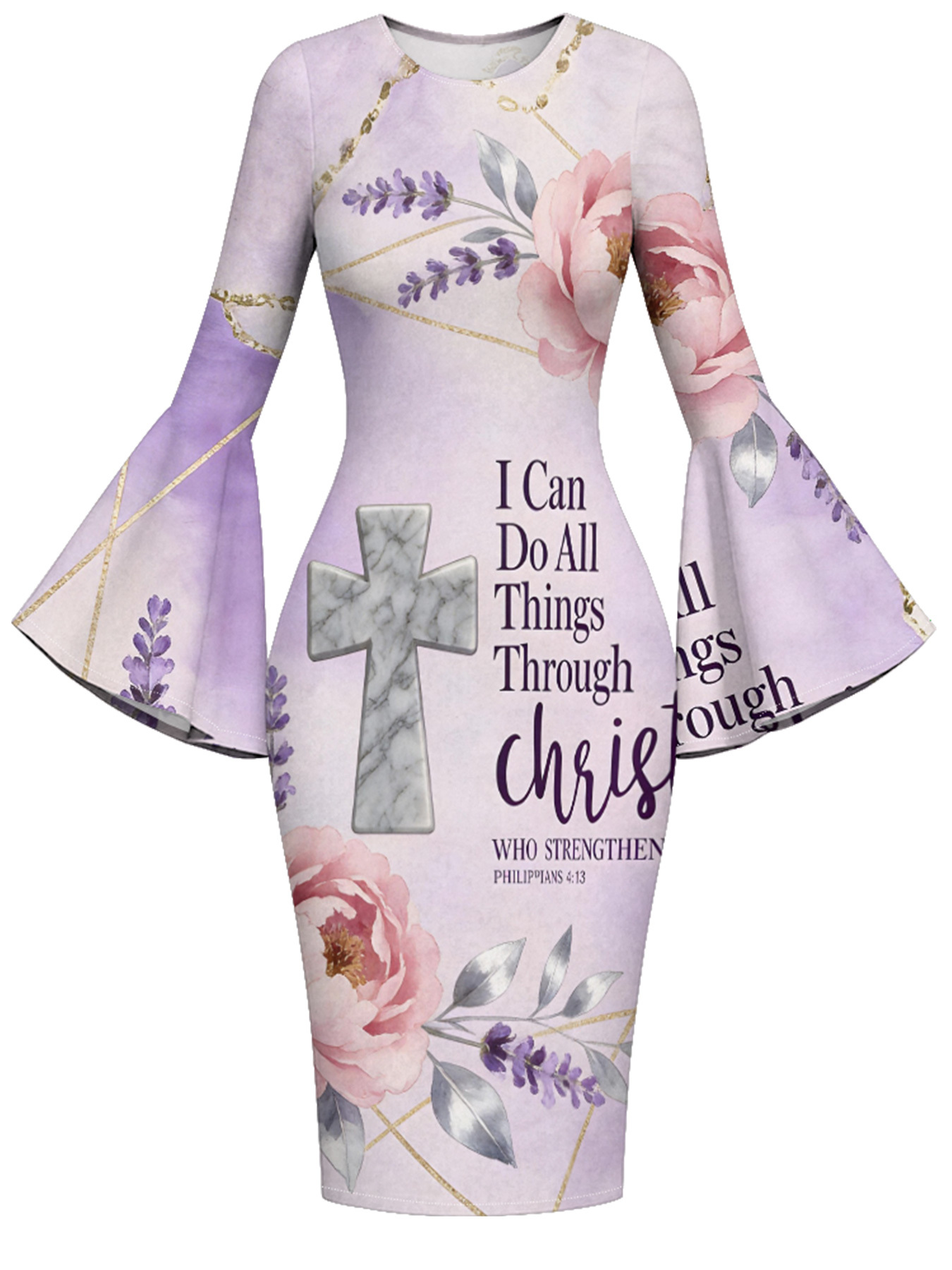 Pastel Purple Marble Cross Easter Flare Sleeve Bodycon Midi Dress