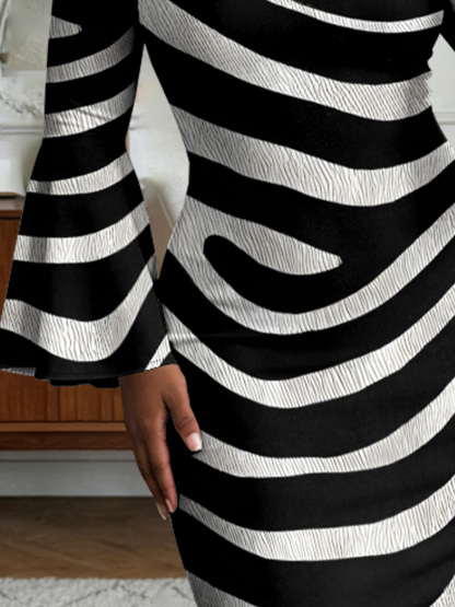 Zebra Stripe Flare Sleeve Bodycon Midi Dress
