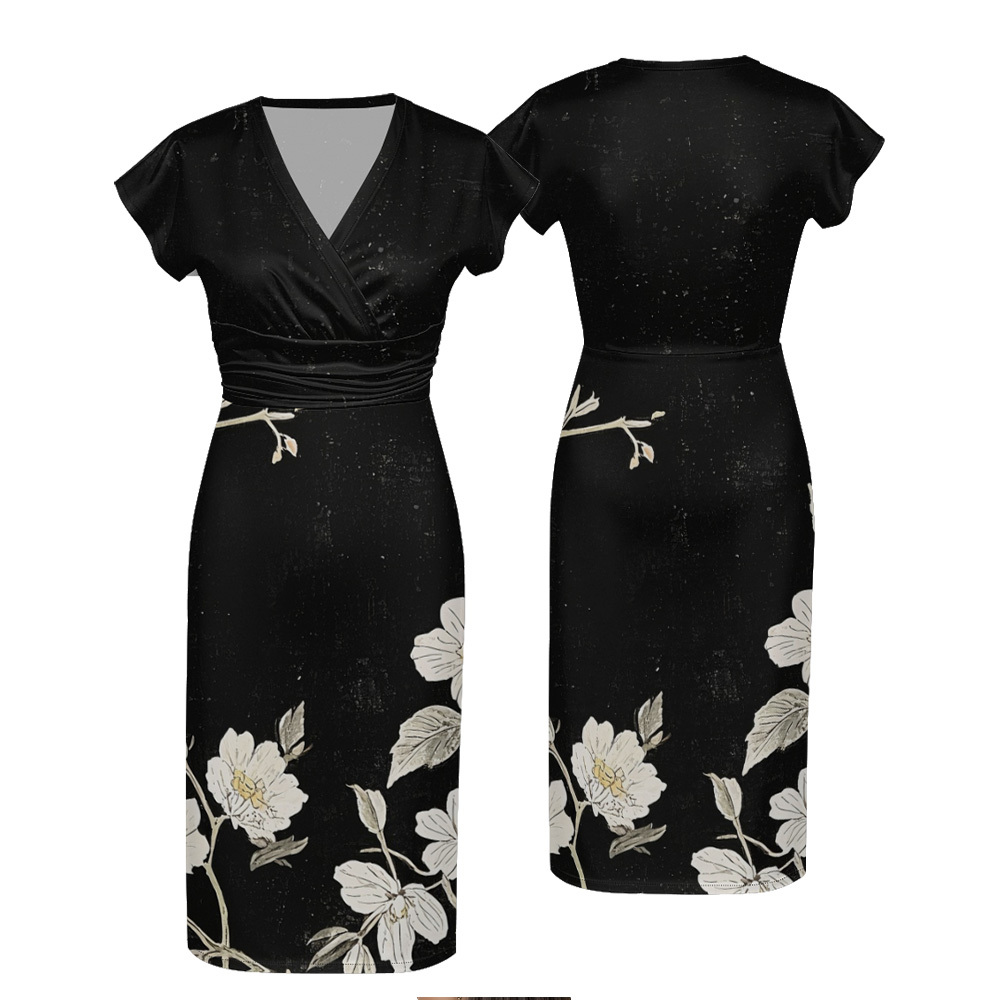 Black Floral Cap Sleeve V-Neck Midi Dress CEGK826