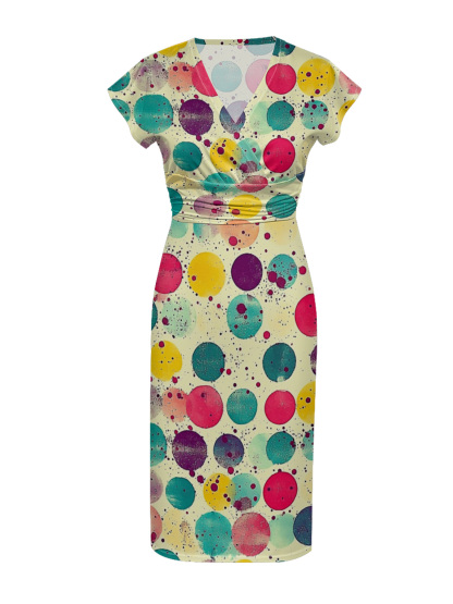 Colorful Polka Dot Cap Sleeve V-Neck Midi Dress