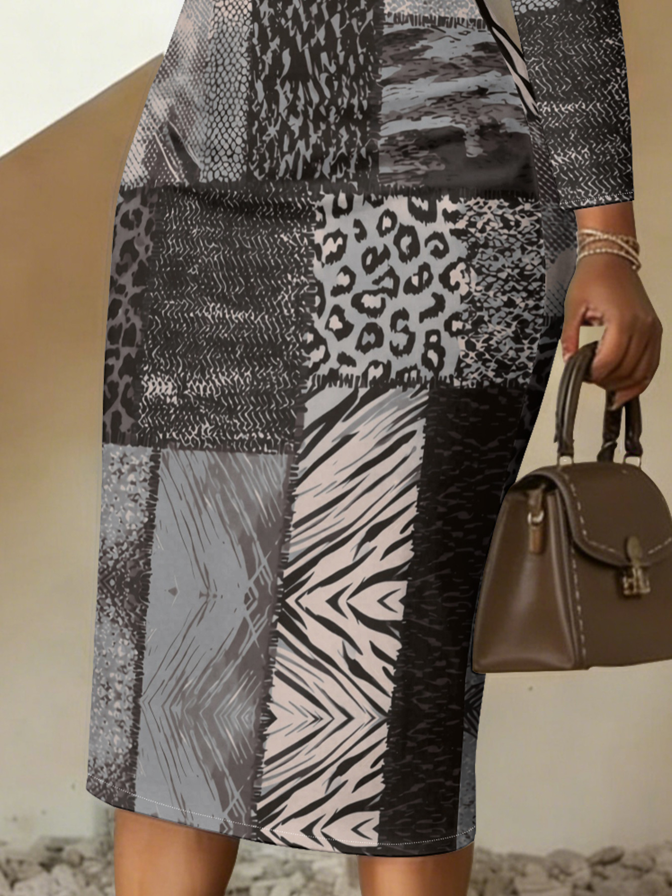 Grey & Black Patchwork Animal V-Neck Bodycon Midi Dress SGV5193