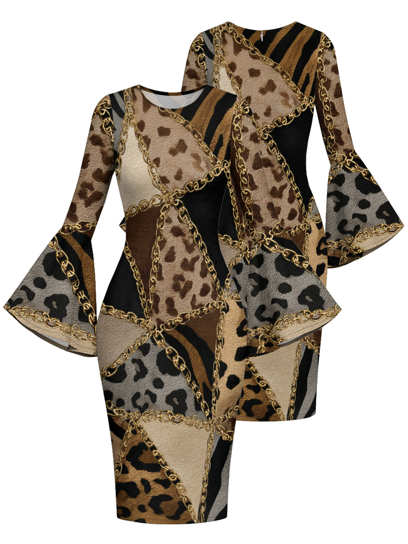 Brown & Gold Leopard Flare Sleeve Bodycon Midi Dress JKL3675