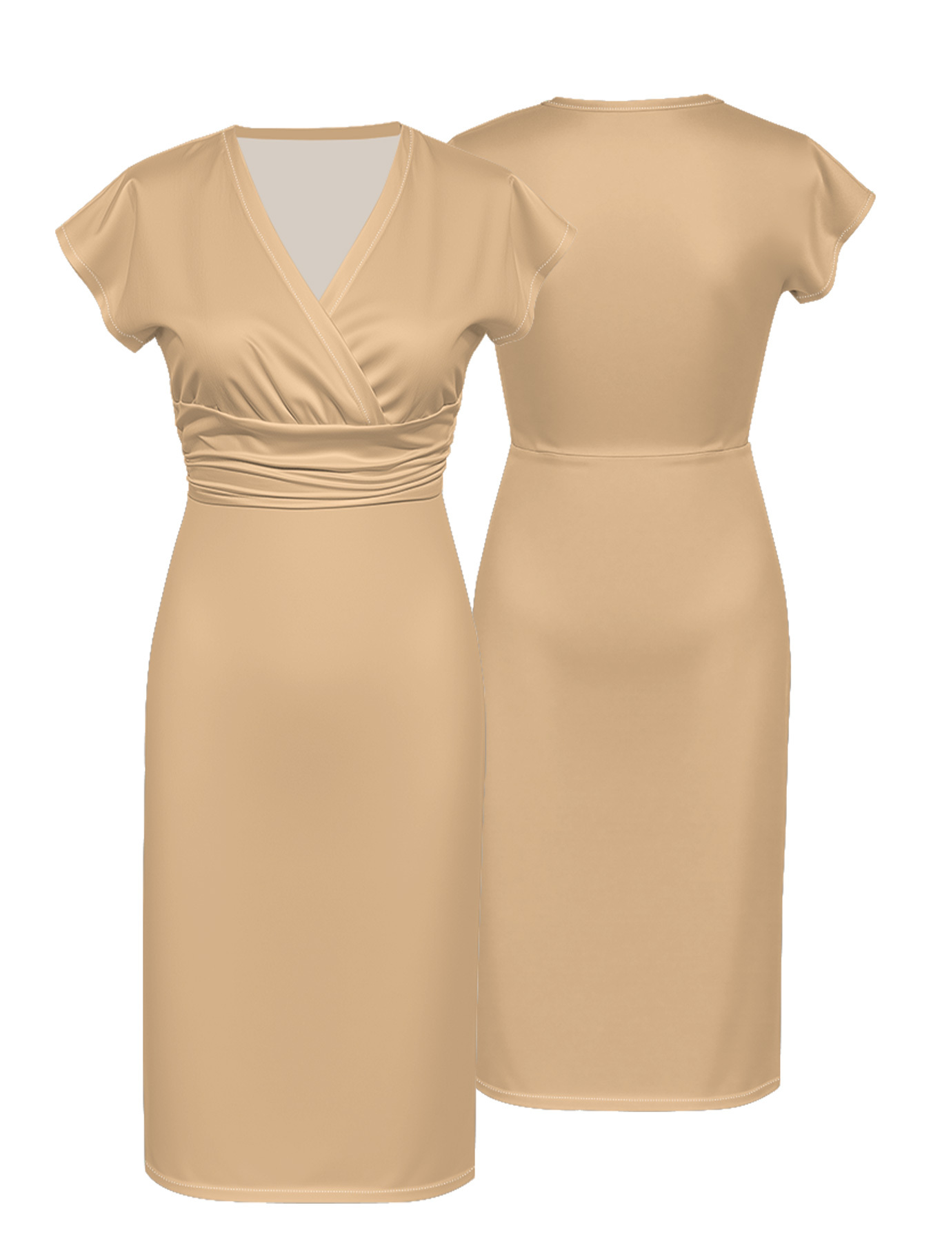 Beige Cap Sleeve V-Neck Midi Dress
