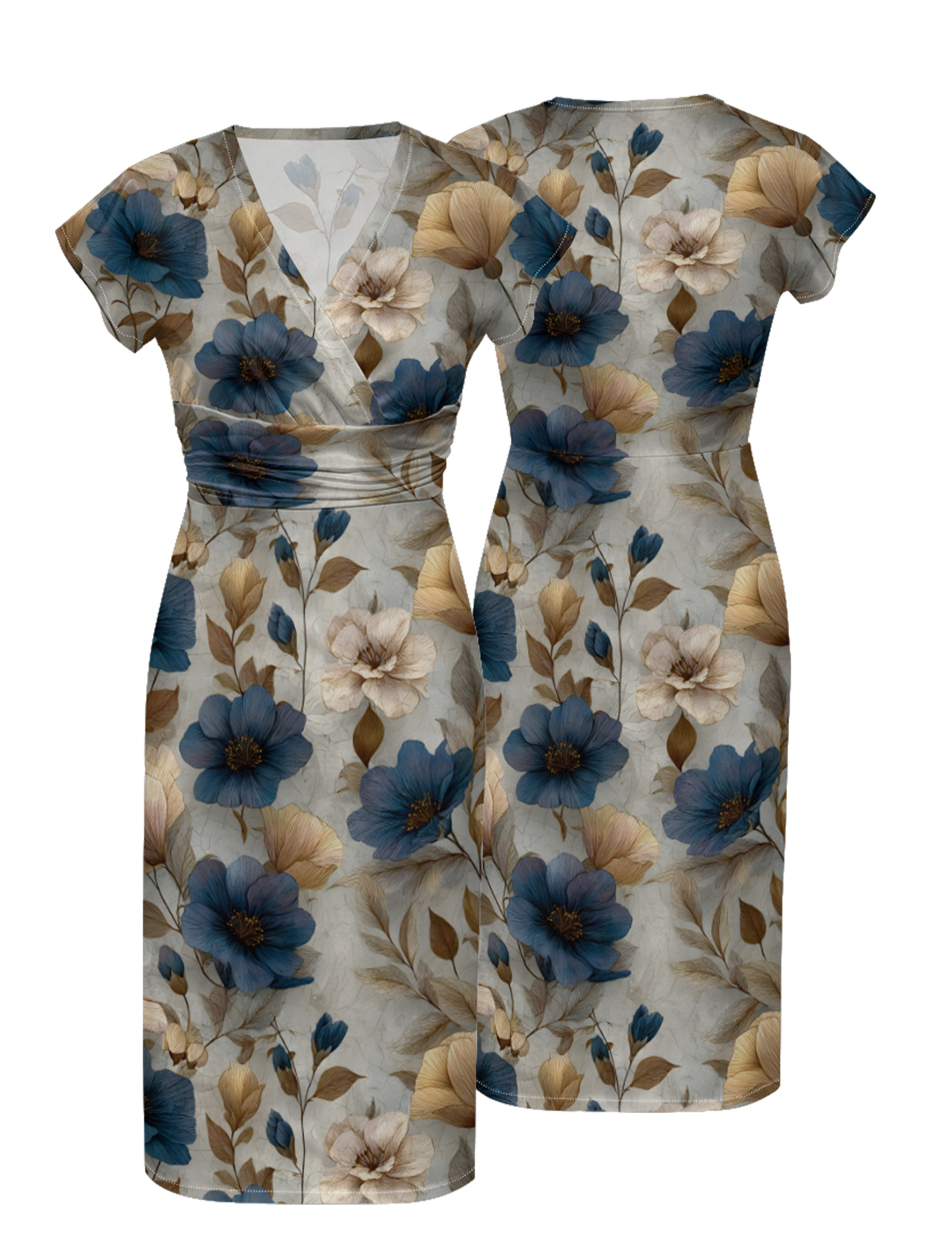  Vintage Floral Cap Sleeve V-Neck Midi Dress