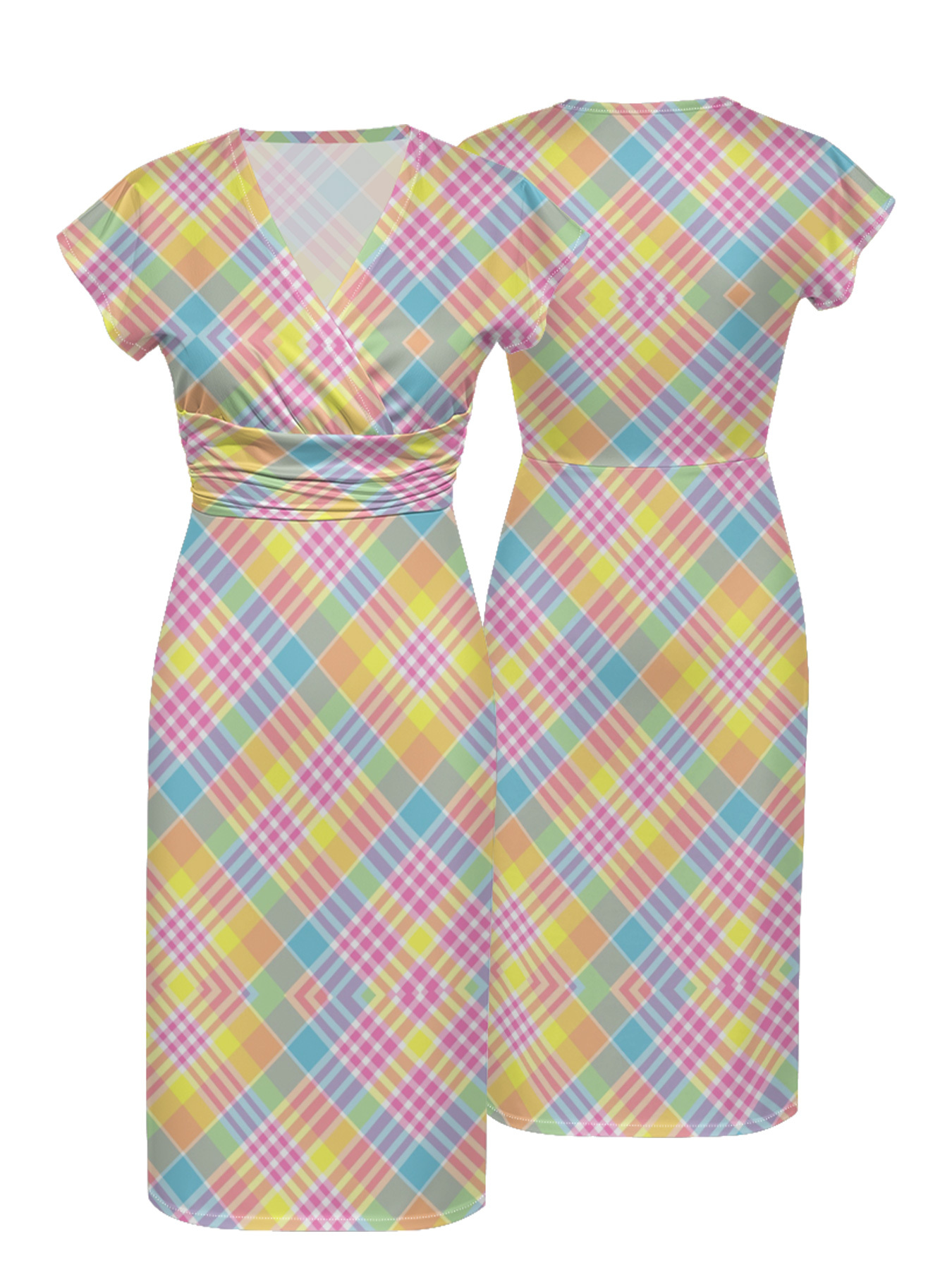 Rainbow Plaid Cap Sleeve V-Neck Midi Dress