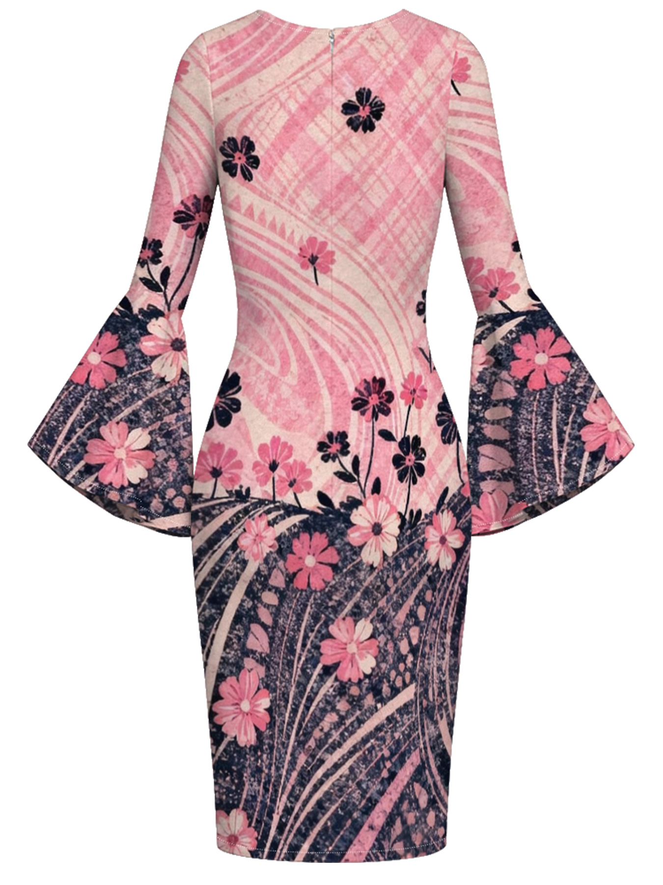 Pink Navy Floral Flare Sleeve Bodycon Midi Dress RQP531