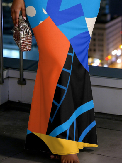 Geometric Color Block Spaghetti Strap Mermaid Dress