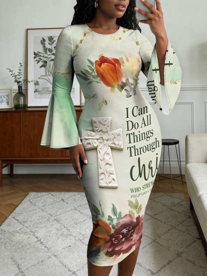 Sage Green Vintage Cross Easter Flare Sleeve Bodycon Midi Dress