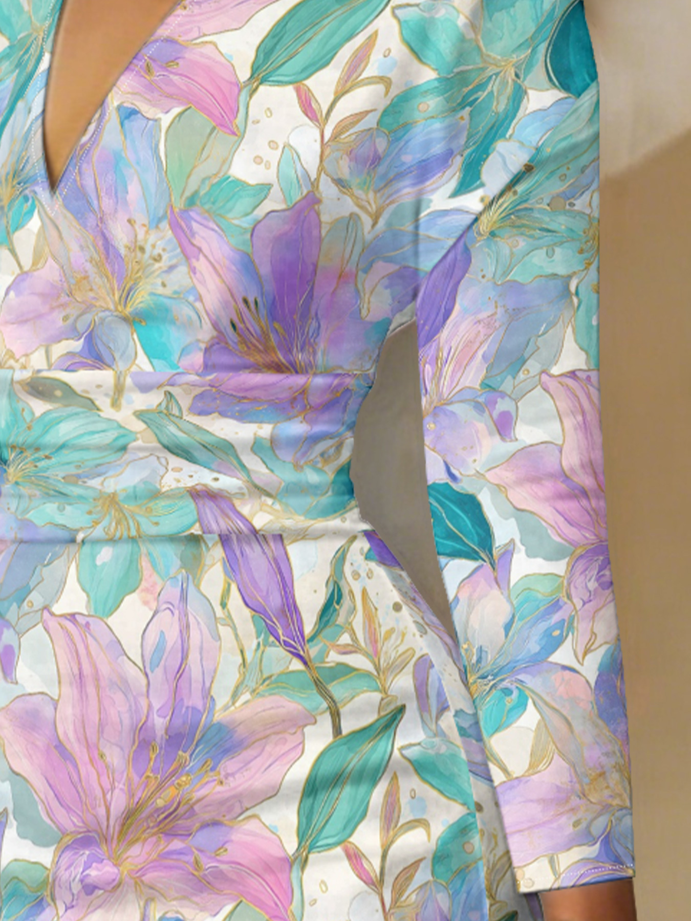 Pastel Lily Watercolor V-Neck Bodycon Midi Dress