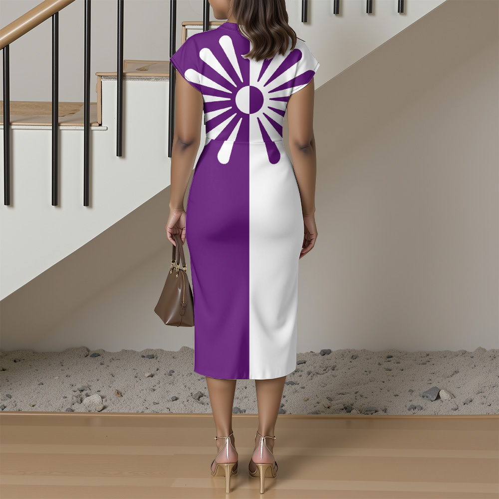 Purple White Sunburst Cap Sleeve V-Neck Midi Dress BDG852