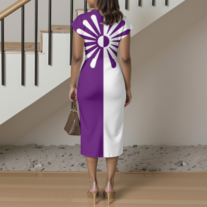 Purple White Sunburst Cap Sleeve V-Neck Midi Dress BDG852