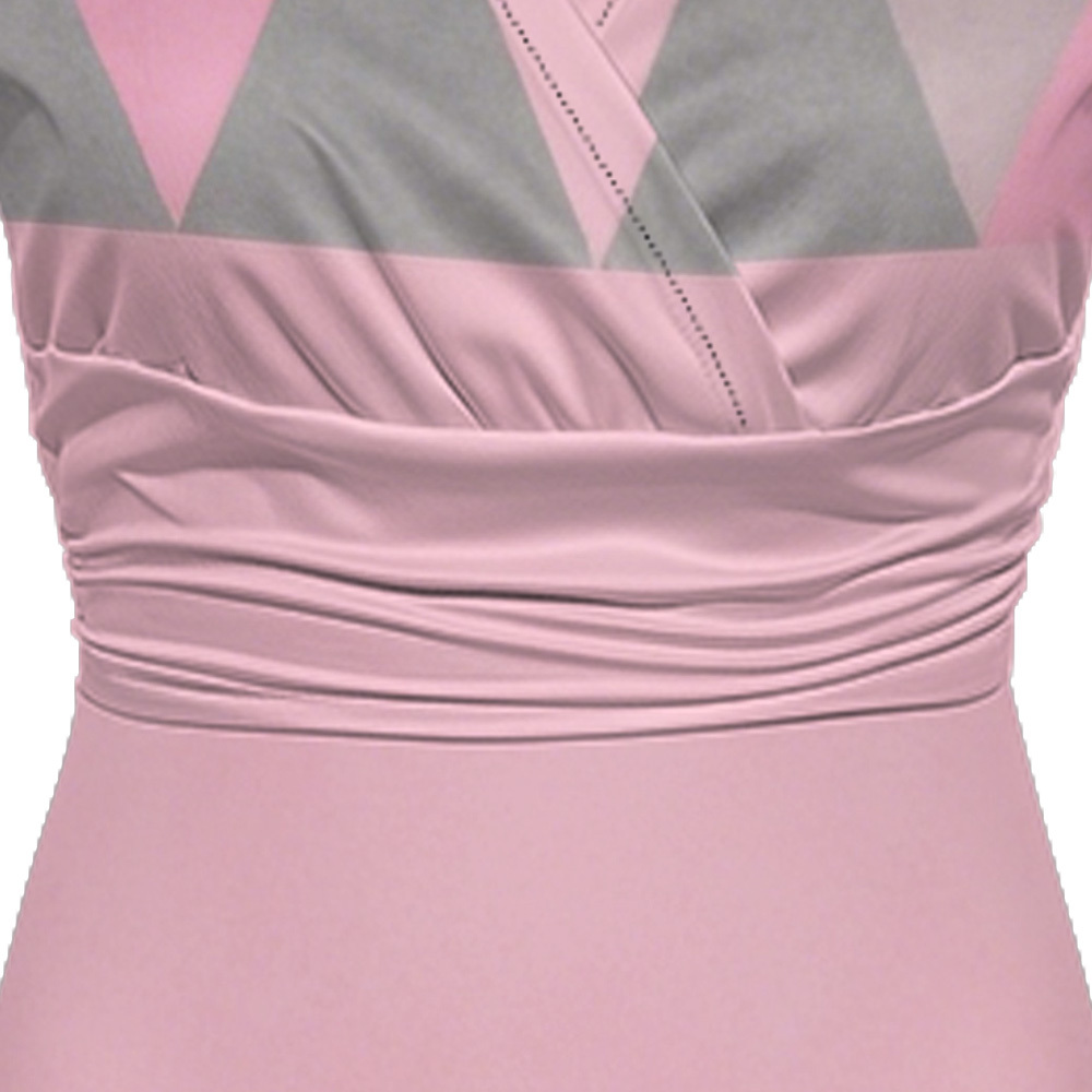 Pink & Gray Geometric Cap Sleeve V-Neck Midi Dress WUT784
