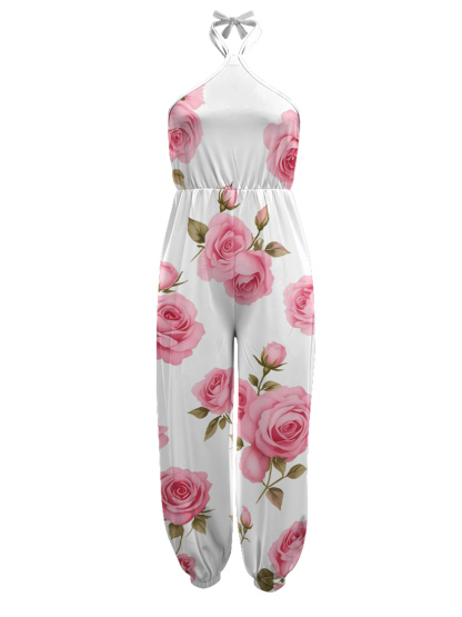 Pink Rose Sleeveless Halter Jumpsuit